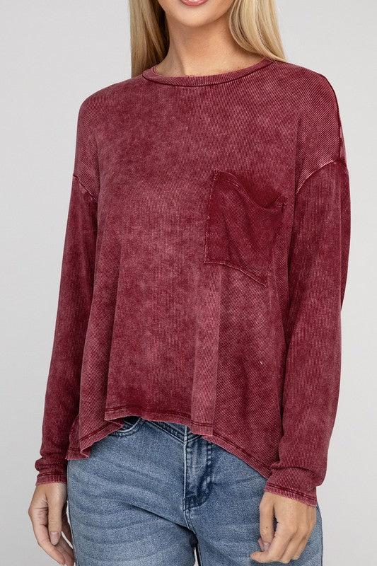 Washed Ribbed Dolman Sleeve Round Neck Top