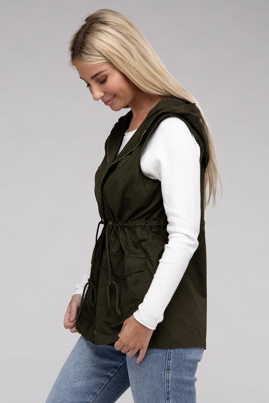 Drawstring Waist Military Hoodie Vest