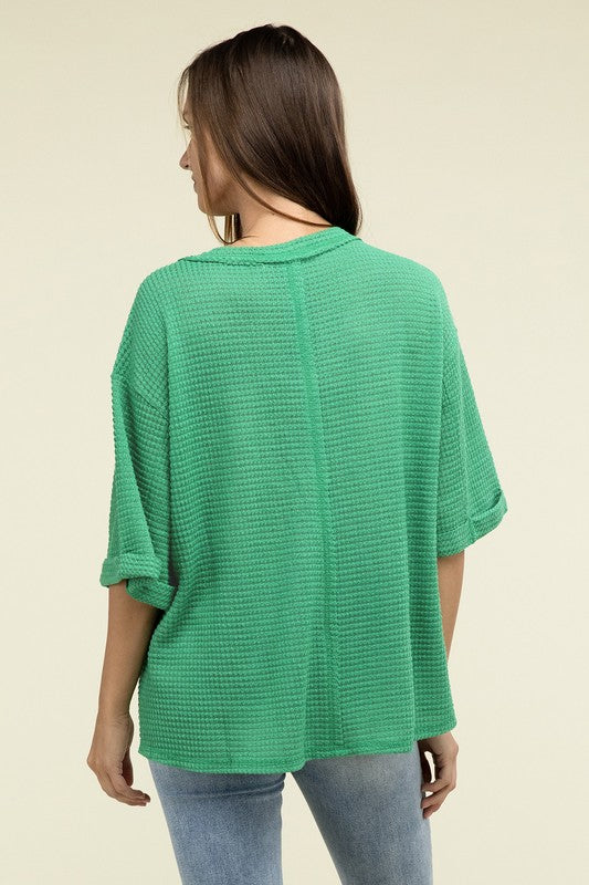 Brushed Waffle Exposed-Seam 3/4 Sleeve Top