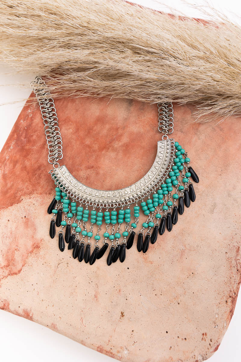 Turquoise Bohemian Fringe Bib Statement Necklace