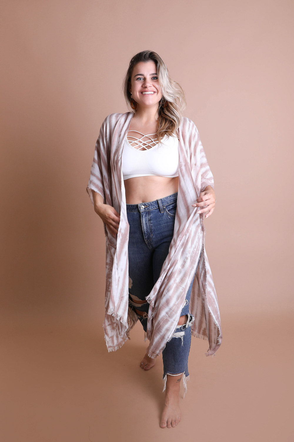 Tie Dye Frayed Kimono Kimonos Mauve