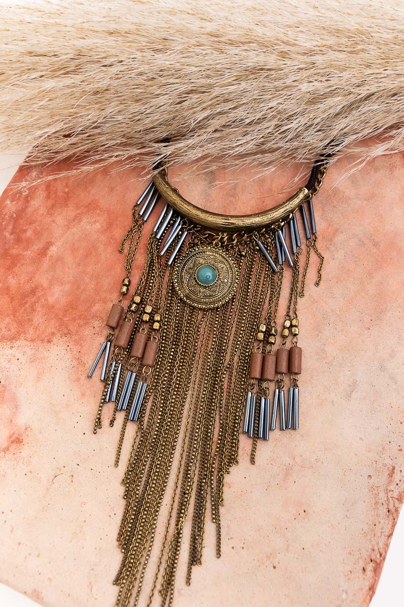 Antique Gold Turquoise Fringe Necklace Jewelry