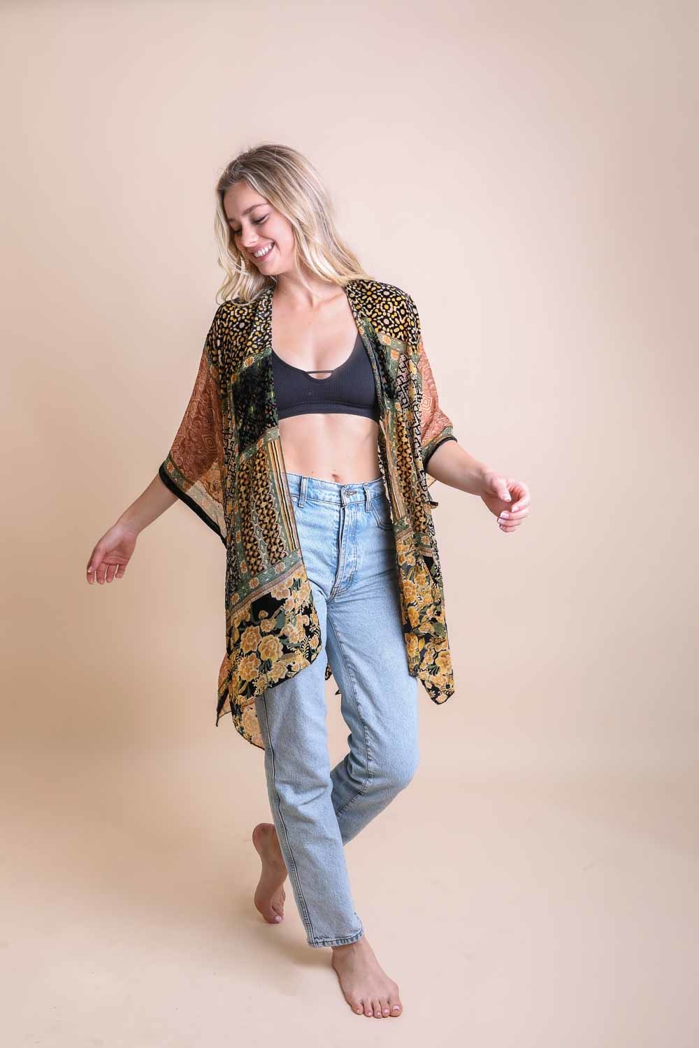 Bohemian Burnout Velvet Kimono Ponchos Black/Mustard