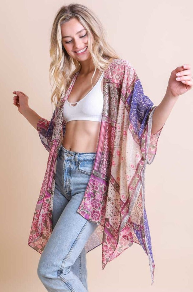 Bohemian Burnout Velvet Kimono Ponchos Silver/Fuchsia