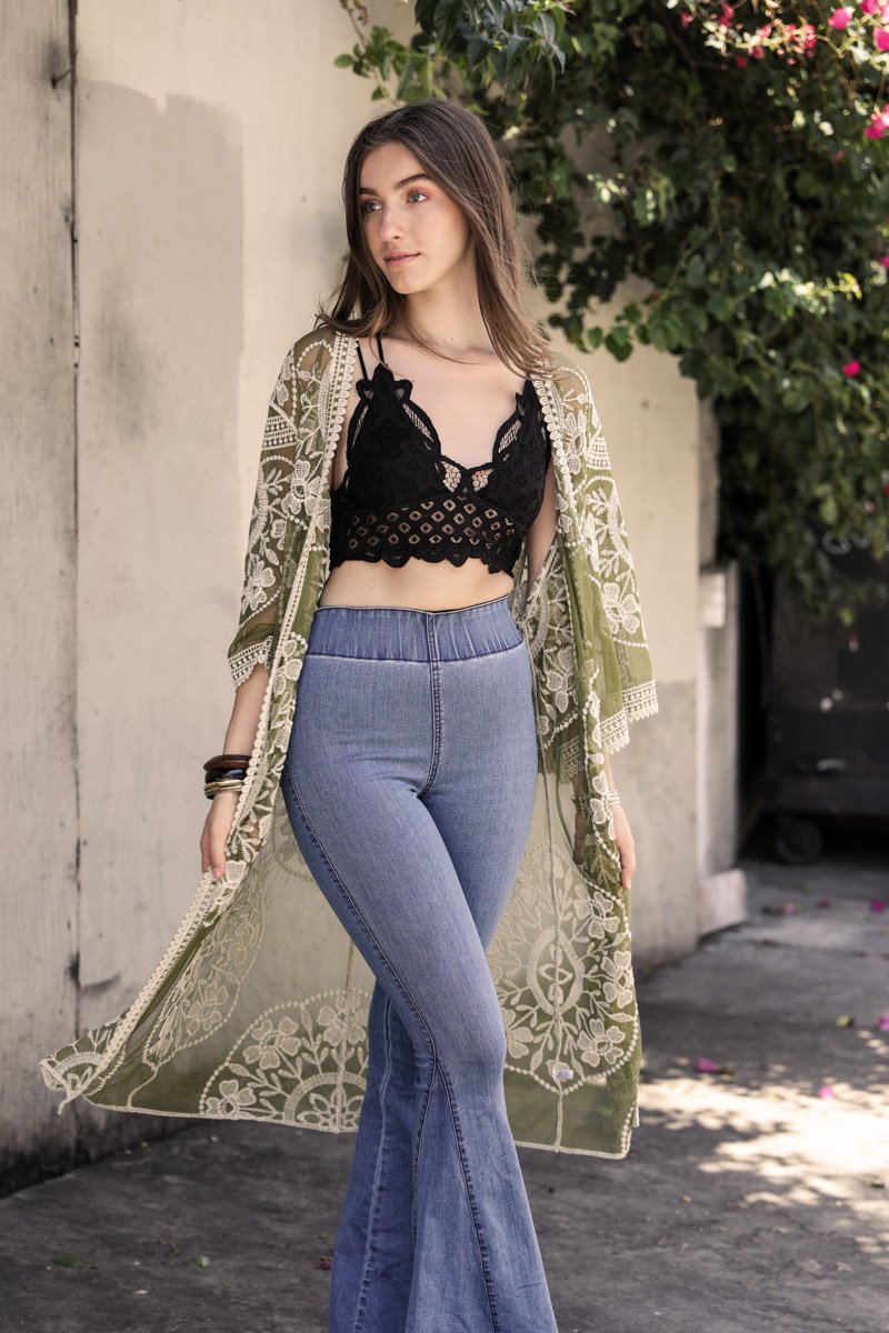 Contrast Mesh Cotton Lace Kimono Olive