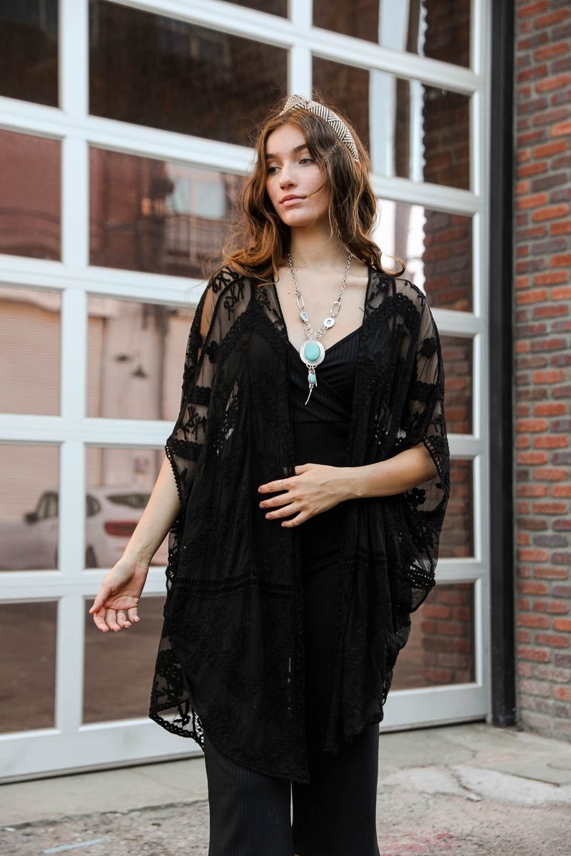 Embroidered Mesh Leaf Kimono Black