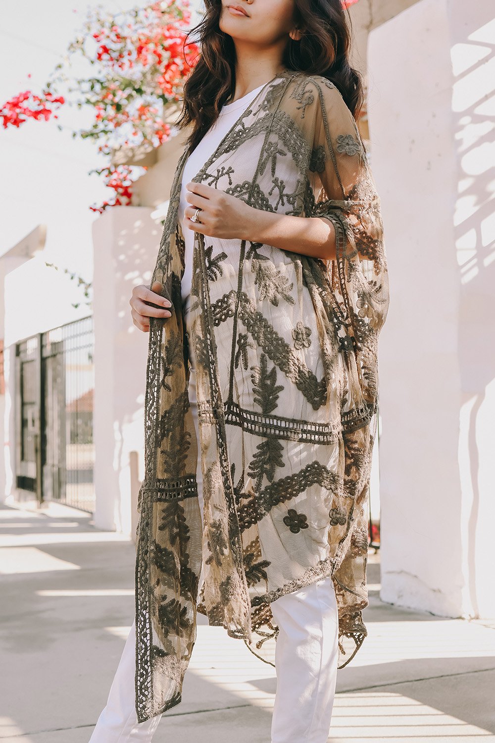 Embroidered Mesh Leaf Kimono