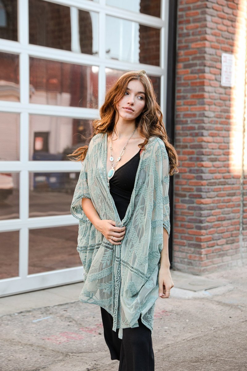 Embroidered Mesh Leaf Kimono