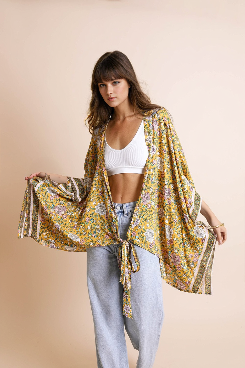 Floral Front Tie Kimono Wrap Mustard