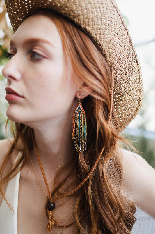 Feather & Beads Boho Earrings Jewelry Rust