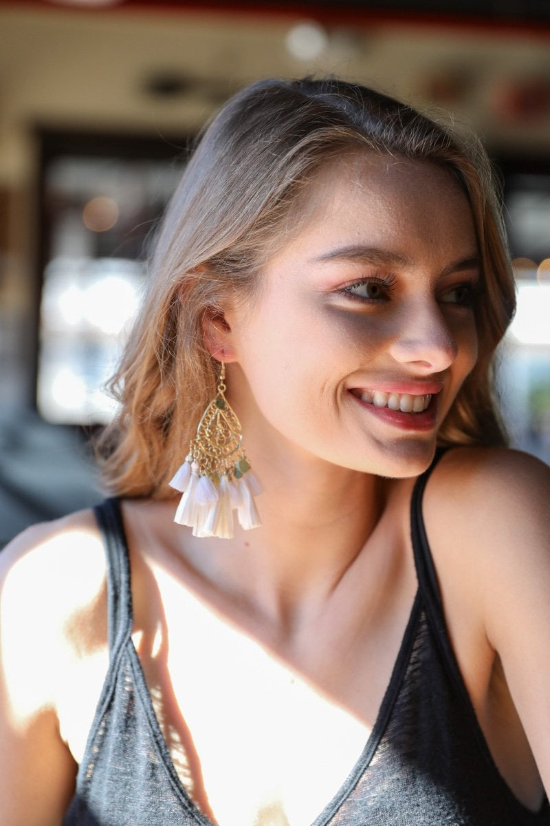 Filigree Raffia Tassel Earrings Jewelry White