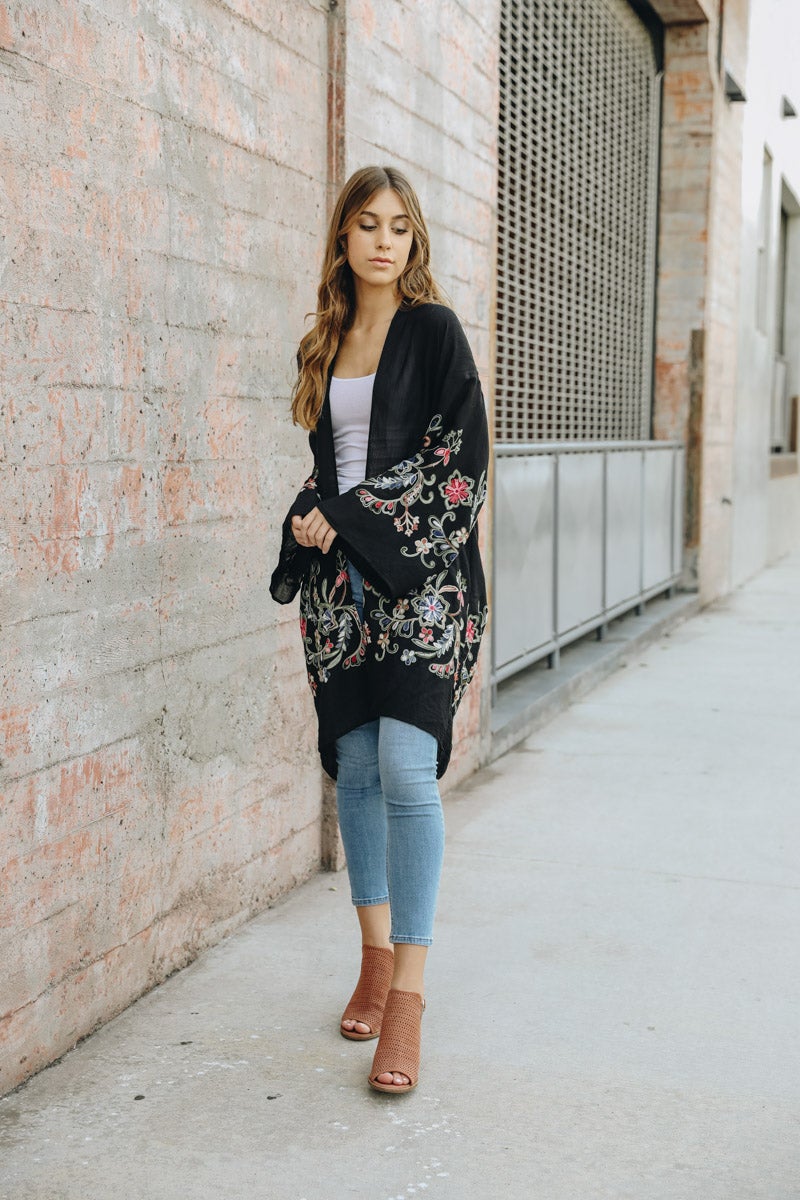 Long Floral Kimono Cardigan Black