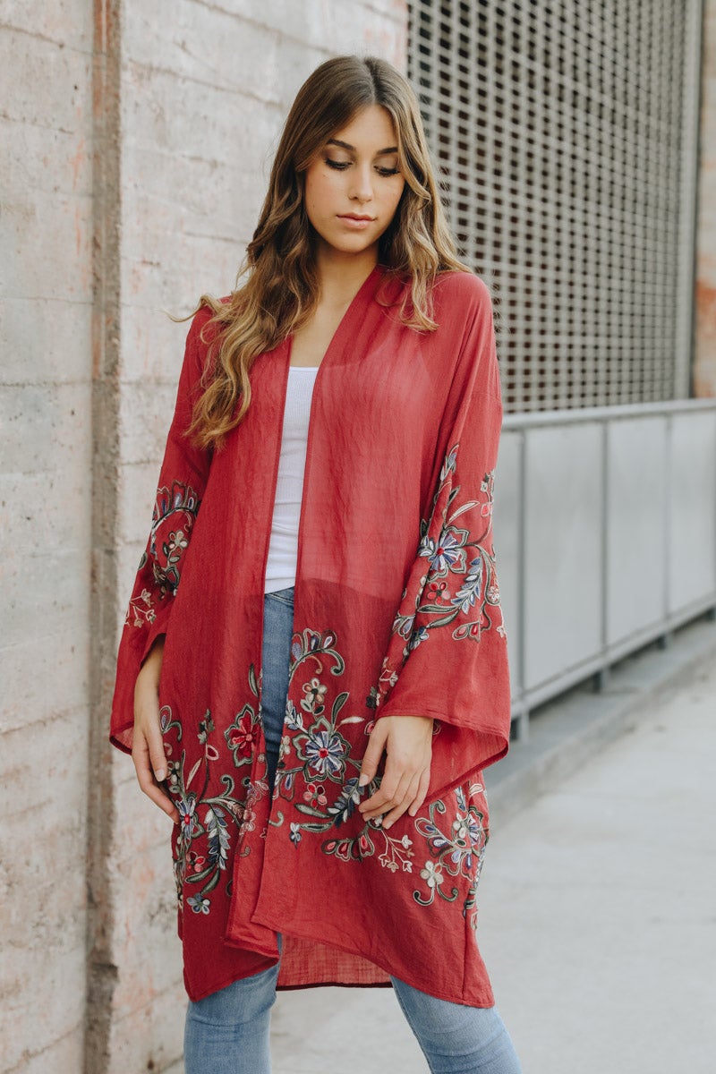 Long Floral Kimono Cardigan Plum