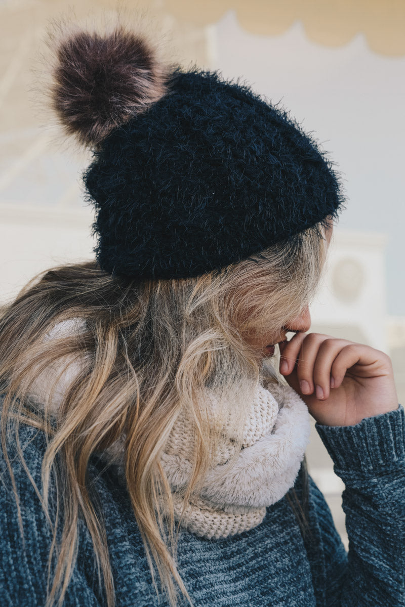 Mohair Fur Knit Pom Beanie Beanies