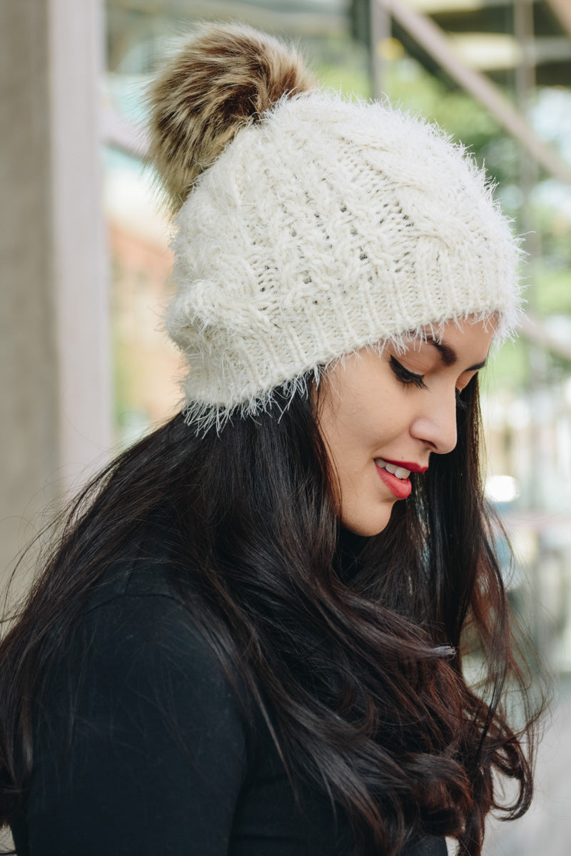 Mohair Fur Knit Pom Beanie Beanies Ivory