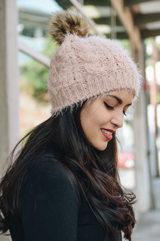 Mohair Fur Knit Pom Beanie Beanies Pink