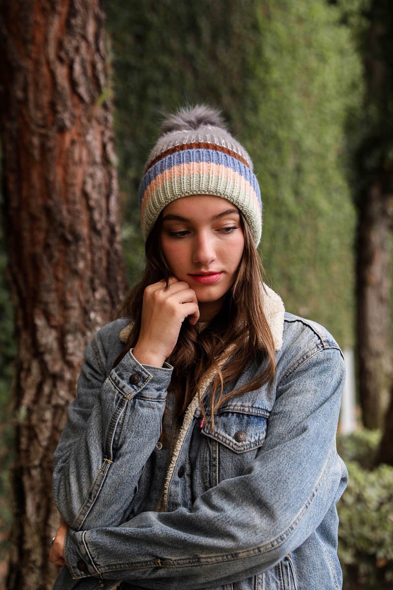 Pastel Stripe Knit Pom Beanie Hats & Hair