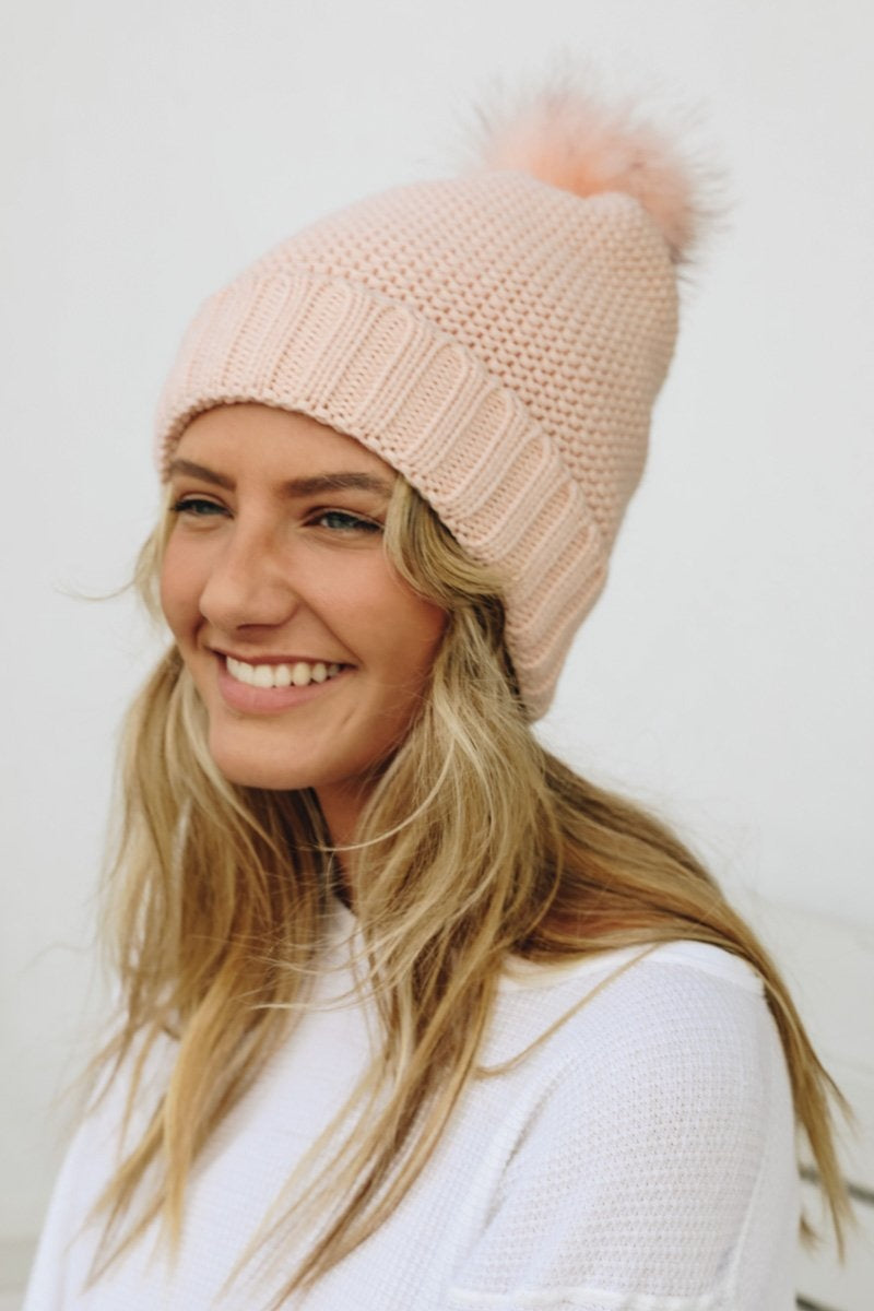 Pom Beanie with Faux Sherpa Lining Hats & Hair Pink