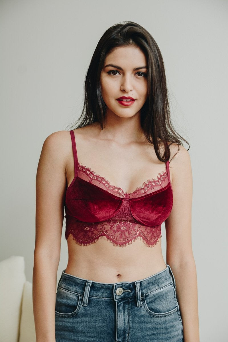 Velvet Lace Half Cami Bralette Small / Wine Red