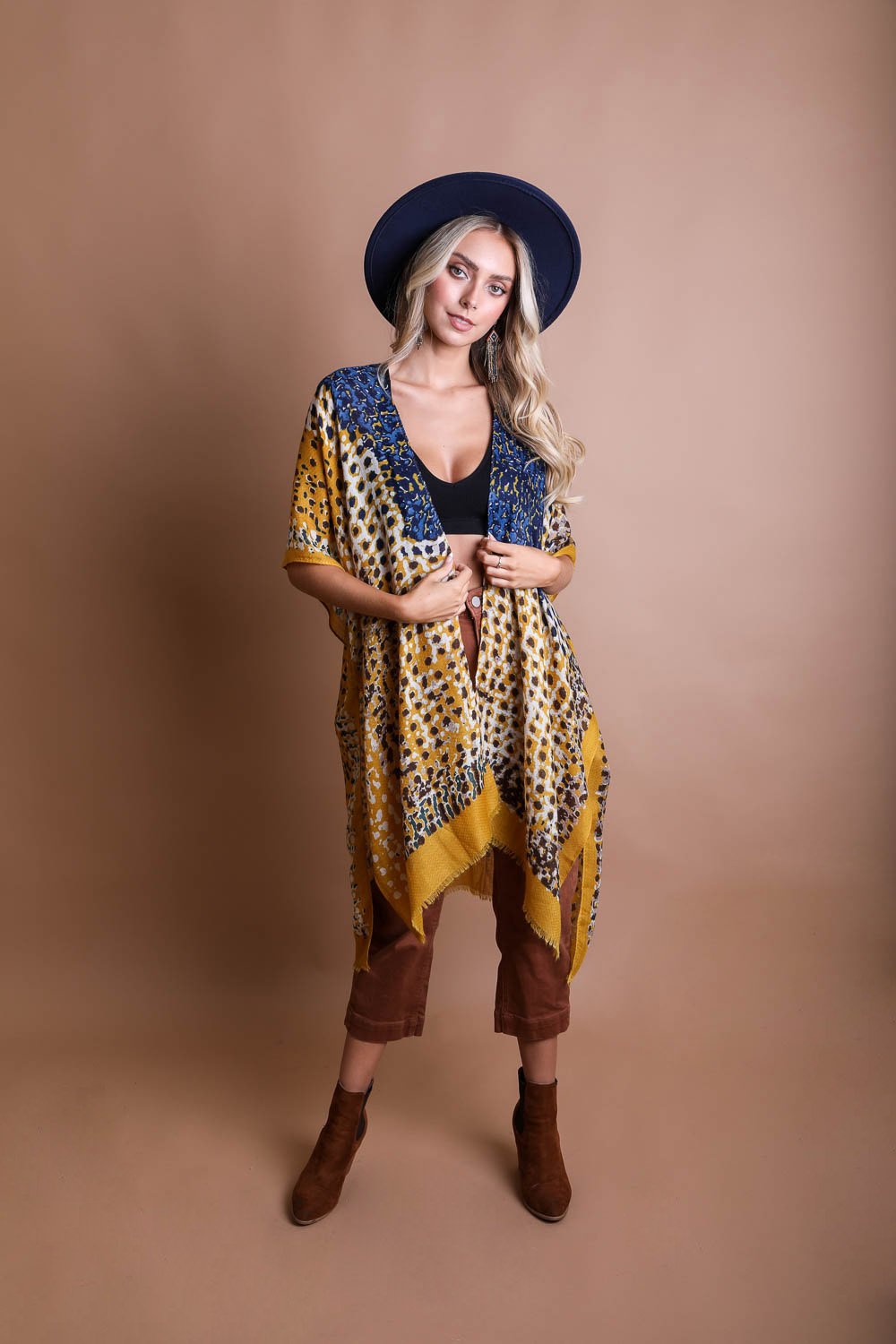 Vibrant Multicolor Frayed Kimono Mustard